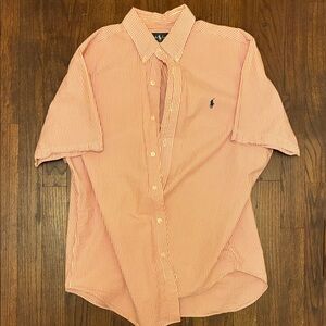 Men's Ralph Lauren Red Seersucker Stripped Short Sleeve Button Down Shirt